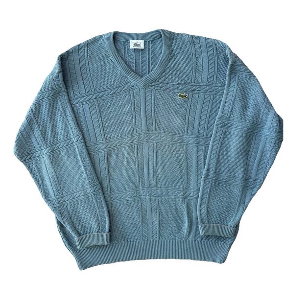Lacoste Powder Blue VTG 90s Cableknit pullover V neck Sweater Men’s 5 (Large)